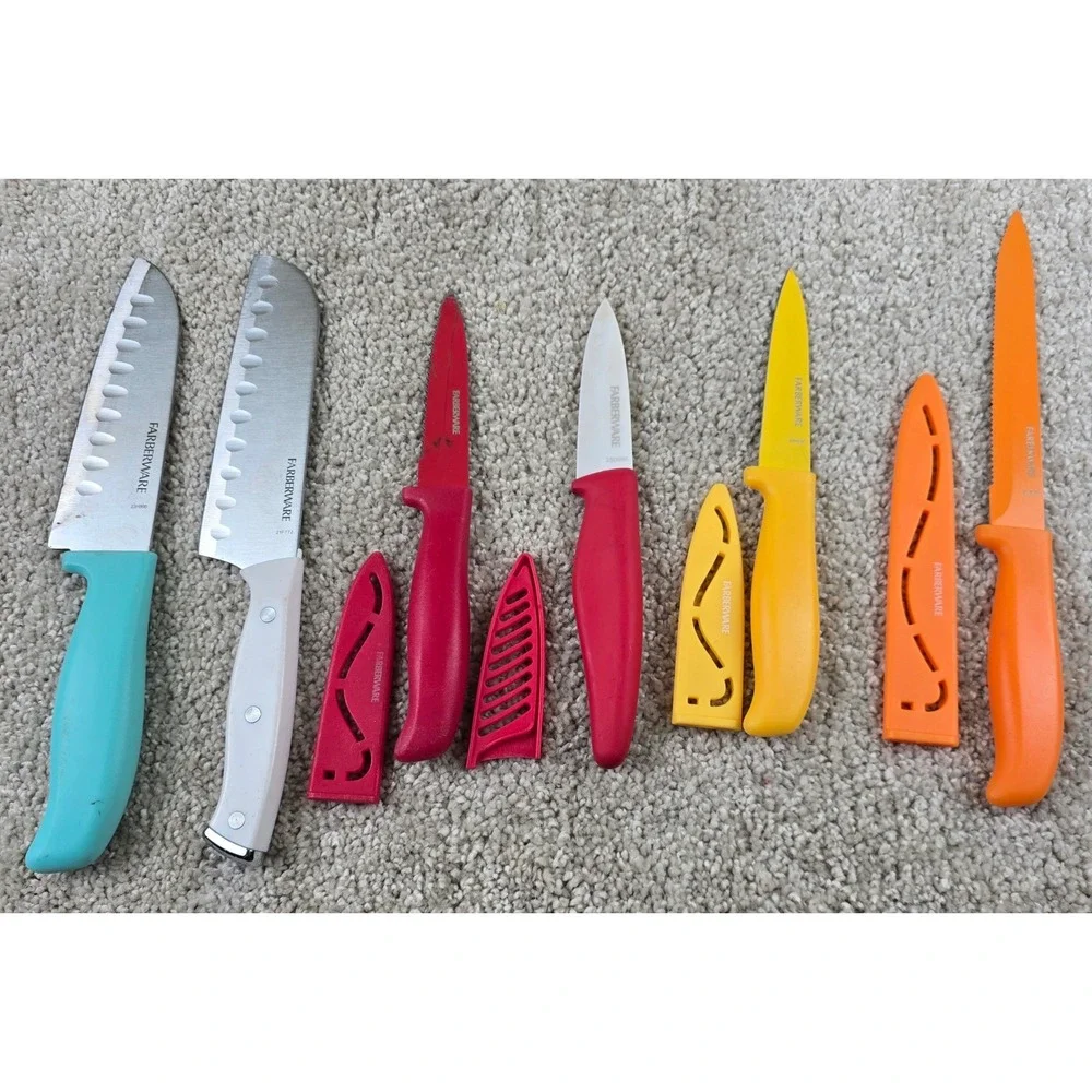 Farberware 6-Pc Colorful Kitchen Knife Lot Santoku Utility w/ 3 Blade Guards